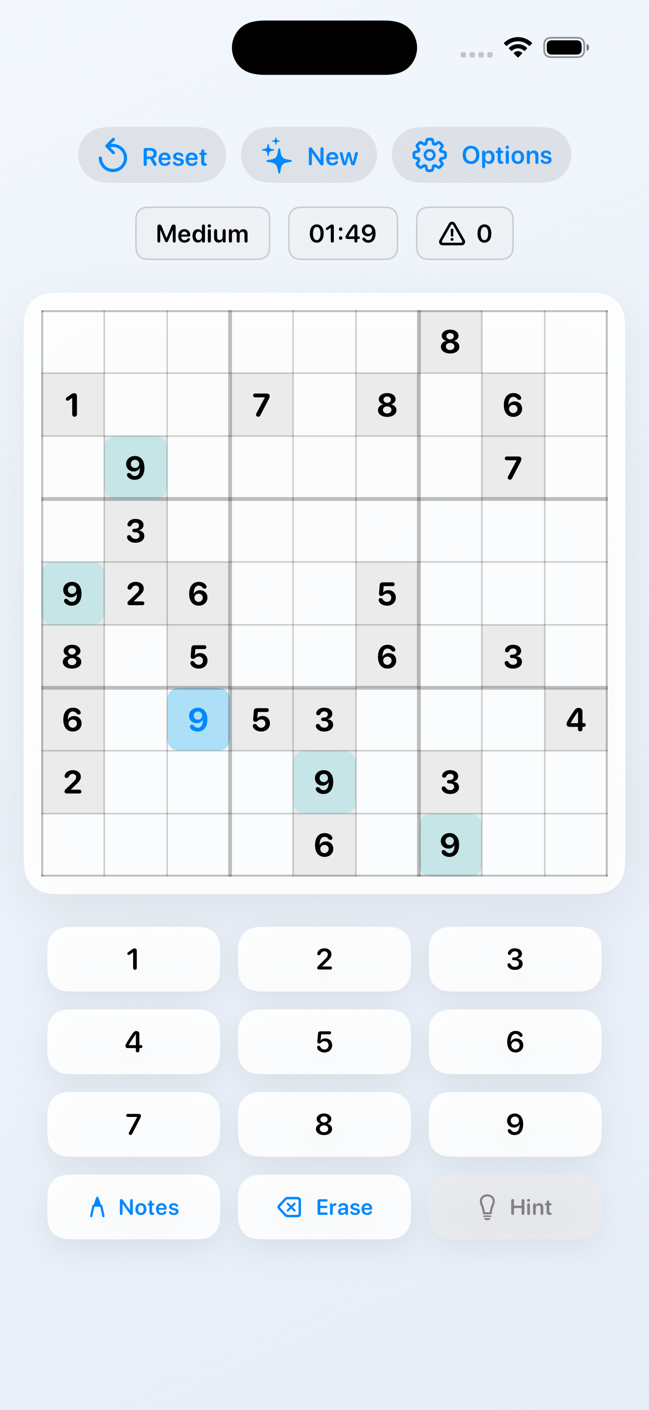 Kirei Sudoku app screenshot showing a puzzle in progress